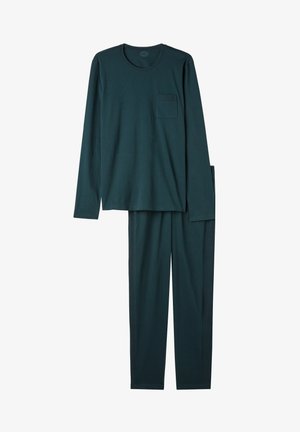 Dlouhé rukávy, kulatý výstřih, souprava loungewear v námořnické modré a tyrkysové barvě vyrobená z měkké látky. Tričko má kapsu. Kalhoty mají elastický pas.