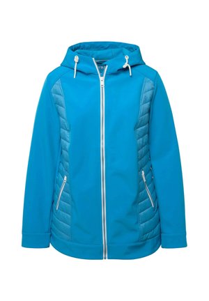 Türkisfarbene Softshelljacke mit fleecegefütterter Kapuze, Reißverschluss, diagonalen Steppakzenten und zwei seitlichen Taschen mit Reißverschlüssen.