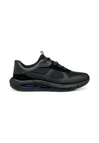 Czarne buty sportowe charakteryzują się połączeniem gładkich i teksturowanych materiałów, mają zaokrąglony kształt i amortyzowaną podeszwę. Dodatkiem jest niebieski akcent na podeszwie.