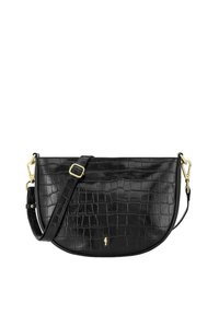 Czarna torebka crossbody z sztucznej skóry w kształcie łuku, z złotymi akcentami, regulowanym paskiem oraz subtelnym logo na dole.