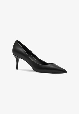 Black leather pointed-toe high heel shoe with a slim mid-height heel, shown from the side on a white background.