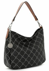 Borsa a tracolla nera in similpelle con motivo trapuntato, dettagli in argento e tracolla marrone. Presenta un ciondolo con logo attaccato alla tracolla.
