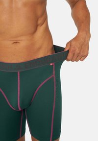 Pantalones cortos deportivos verdes con costuras rosas y una cinturilla elástica negra que presenta el texto "ENDURANCE". Tela suave, diseño ajustado.