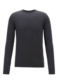 Tmavě šedý dlouhý svetr s kulatým výstřihem vyrobený z měkké tkaniny, s elastickými manžetami a lemem, s bočními švy.