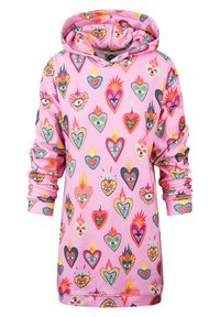 Rosa Kapuzenpullover aus weichem Stoff, der ein wiederholtes Herz- und Augenmuster in lebendigen Farben zeigt, mit langen Ärmeln und einer Kordelzugkapuze.