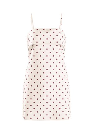 Roomkleurige mouwloze jurk met dunne bandjes en een bordeauxrode polkadotprint, met een rechte halslijn en korte lengte.