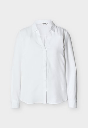 White long-sleeve women's blouse with collar and front buttons, made of smooth fabric, displayed on a plain background.