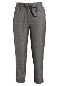 Pantalon à carreaux gris avec une taille à nouer, jambes fuselées et une texture de tissu lisse. Présente un motif à petits carreaux subtil sur l'ensemble.