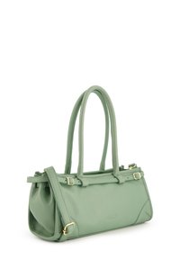 Hellgrünes, strukturiertes Lederhandtasche mit doppelten Griffen, verstellbarem Tragegurt, goldfarbener Hardware und rechteckiger Form.