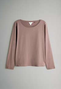 Langarm, ronde hals t-shirt in een kleur stofroze, gemaakt van zachte, lichte stof. Heeft een ontspannen pasvorm en geen zichtbare patronen of accenten.