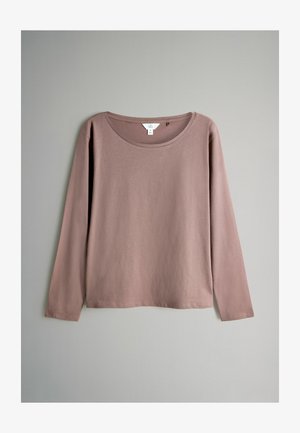 T-shirt a maniche lunghe, con scollo rotondo, di colore rosa polveroso, realizzato in un tessuto morbido e leggero. Presenta una vestibilità comoda e nessun motivo o dettaglio visibile.