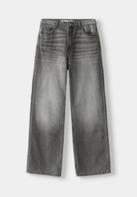 Breda, grå denimjeans med en bleknad tvätt. Har kontrastsömmar, framfickor och en metallknappstängning vid midjan.