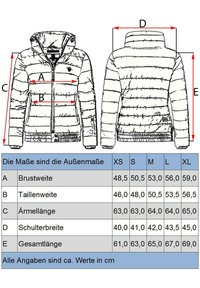 Giubbino bianco imbottito con cappuccio, dotato di zip frontale, trapuntatura orizzontale e logo sul petto. Include una tabella di misure delle taglie qui sotto.