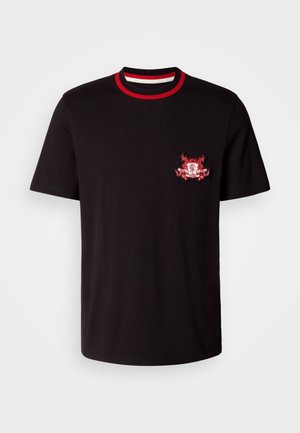 Black cotton T-shirt featuring a round red and white ribbed collar. It has a red and white embroidered logo on the left chest.