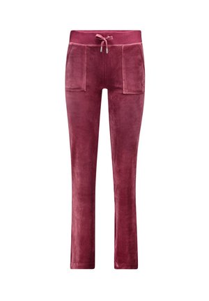Pantaloni della tuta morbidi color bordeaux con vita elasticizzata, due tasche frontali e una texture liscia, progettati per il comfort e l'abbigliamento casual.