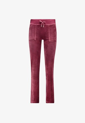 Pantaloni della tuta morbidi color bordeaux con vita elasticizzata, due tasche frontali e una texture liscia, progettati per il comfort e l'abbigliamento casual.