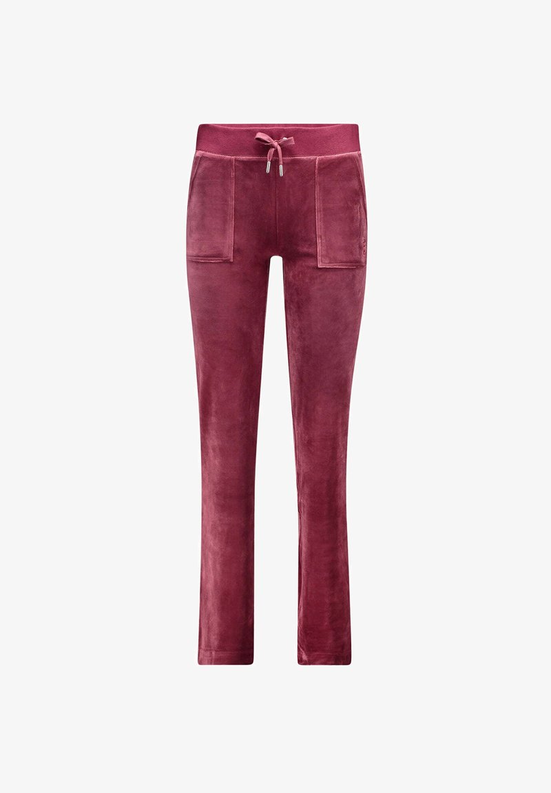 Pantaloni della tuta morbidi color bordeaux con vita elasticizzata, due tasche frontali e una texture liscia, progettati per il comfort e l'abbigliamento casual.