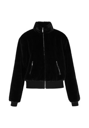 Jachetă bomber din blană sintetică neagră, cu guler înalt, închidere cu fermoar și două buzunare laterale cu fermoar. Prezintă manșete și tiv din material ribbed. Textură moale și pufoasă.