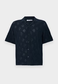 Cămașă bleumarin cu mânecă scurtă, cu un model în diamant, textura tricotată deschisă, cinci nasturi pe față și un design cu guler.