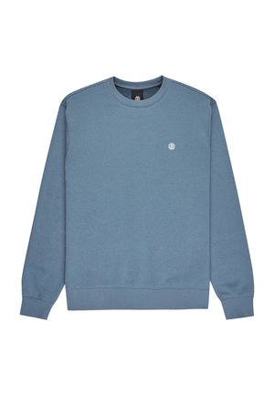 Sweatshirt bleu uni à col rond avec des poignets et un ourlet côtelés, arborant un petit logo circulaire blanc sur la poitrine gauche.
