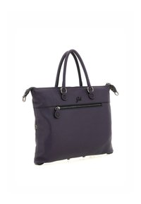 Borsa tote in pelle viola con doppi manici, tasca con zip sul davanti, dettagli in metallo circolari e superficie testurizzata. Presenta piedi protettivi.