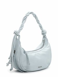 Hele sinine nahast käekott punutud rihmaga, ümar kuju ja tõmblukuga põhiosa. Kaunistatud dekoratiivsete tutikestega.