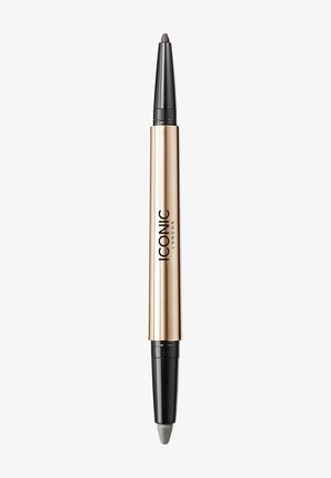Dual-ended eye pencil with a gold metallic barrel, black tips, one side with a dark shade and the other a light pencil.