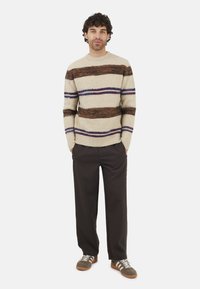 Gebreide trui in beige met bruine en blauwe strepen, met een ronde hals en textuurstof. Gepaard met donkere broeken en bruine sneakers.