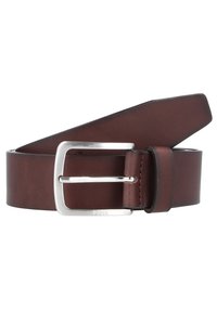 Ceinture en cuir marron avec une boucle rectangulaire en métal argenté. Texture lisse, design fuselé, avec un accent cousu près de la boucle.