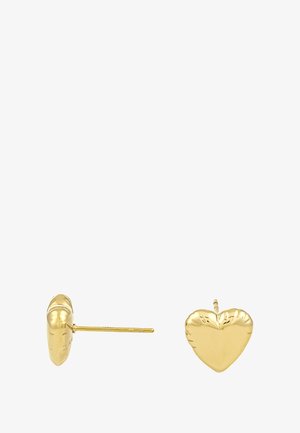 Gold stud earrings shaped like puffy hearts with smooth, slightly textured surfaces, shown from front and side views.