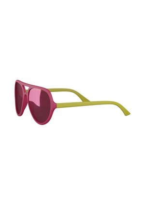 Sunglasses with pink oval lenses and frame, paired with yellow-green arms, shown angled on a white background.