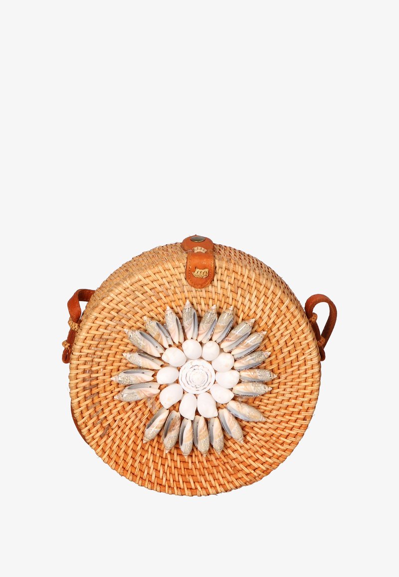 Borsa tonda intrecciata in paglia naturale con dettagli in pelle, decorata con un motivo di conchiglie e pietre bianche sul davanti.