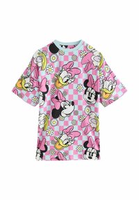 Rövid ujjú póló, rózsaszín és kék kockás mintával, Mickey, Minnie és Daisy kacsa mesefiguráival, virágokkal kiegészítve.