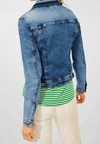 Person wearing a fitted blue denim jacket over a green and white striped shirt and light-colored pants, viewed from the back.