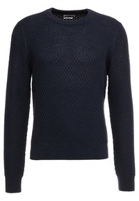 Pull en maille bleu marine avec un motif en maille texturée, col rond et poignets et ourlet côtelés. Fabriqué à partir d'un matériau respirant.