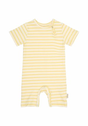 Kollane ja valge triibuline lühikeste varrukatega romper pehmest puuvillast. Omab näo ja alumise osa lihtsat nööbistumist, et võimaldada mugavat riietumist ja mähkmevahetust.
