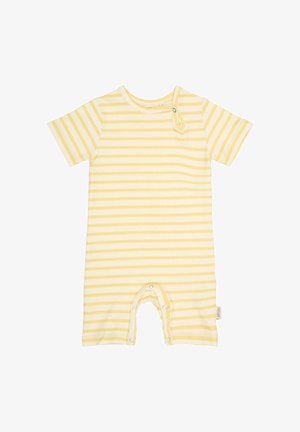 Geel en wit gestreepte short-sleeve romper van zachte katoen. Voorzien van drukknoopsluiting bij de hals en onderkant voor gemakkelijk aankleden en verschonen.