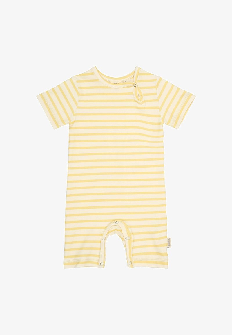 Une combinaison à manches courtes rayée jaune et blanche en coton doux. Dotée d'une fermeture par pressions au cou et au bas pour un habillage facile et des changements de couches.