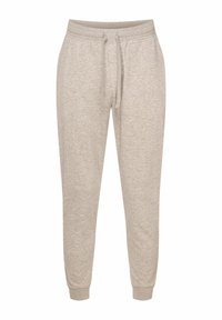 Graue Sweatpants aus weichem Baumwollmaterial, mit einem elastischen Bund und Kordelzug, Bündchen an den Knöcheln und einer glatten Textur.