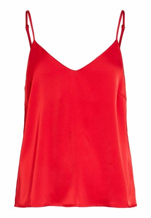 Raudonas satino kamizoliuko viršus su plonomis reguliuojamomis petnešėlėmis ir švelniu V formos iškirpimu, pateiktas ant balto fono.