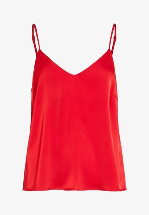 Raudonas satino kamizoliuko viršus su plonomis reguliuojamomis petnešėlėmis ir švelniu V formos iškirpimu, pateiktas ant balto fono.