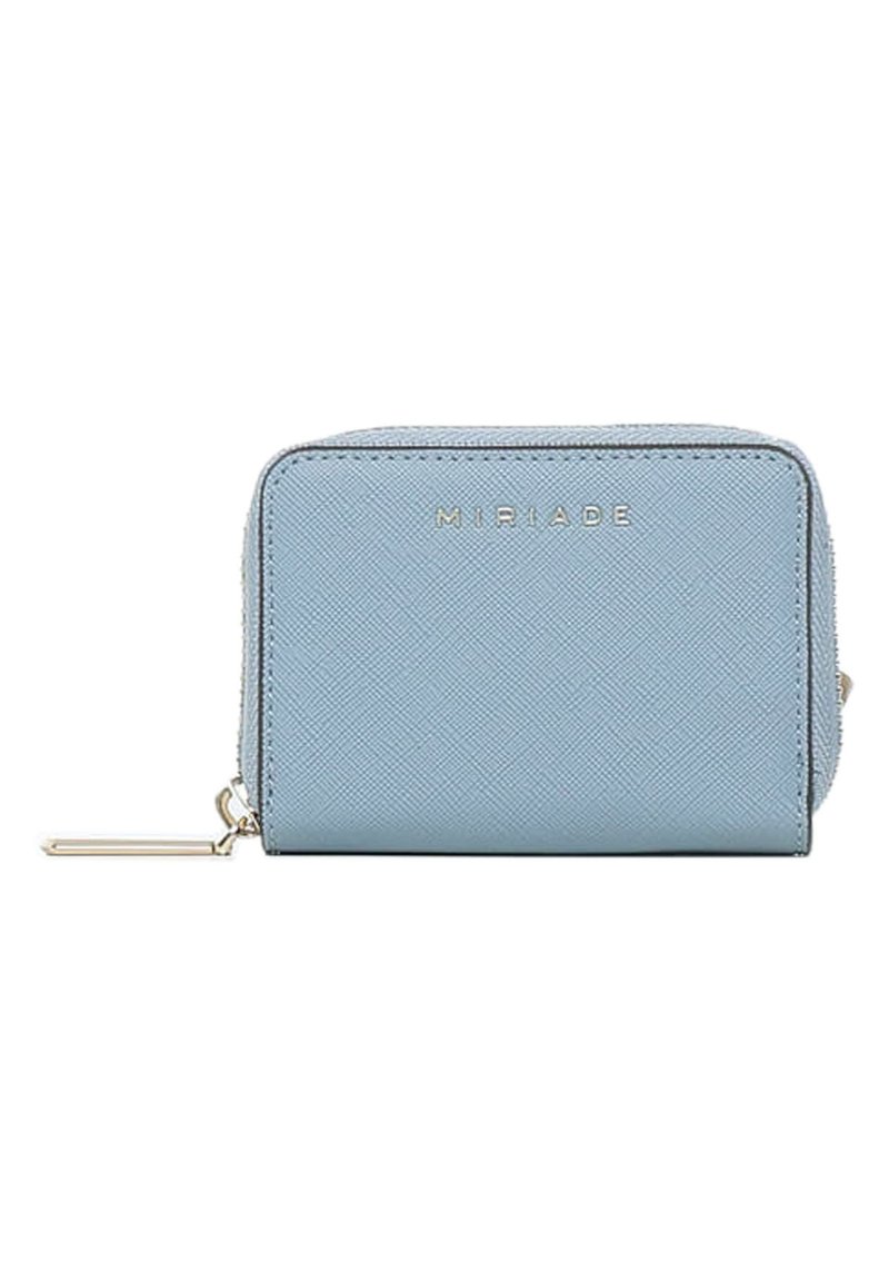 Light blue textured wallet made from synthetic material. Features a gold zipper and embossed brand name "MIRIADA" on the front.