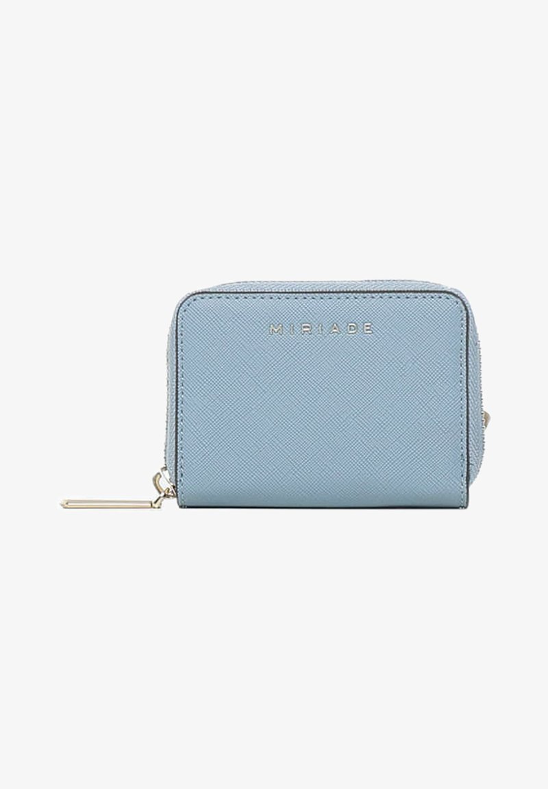 Light blue textured wallet made from synthetic material. Features a gold zipper and embossed brand name "MIRIADA" on the front.