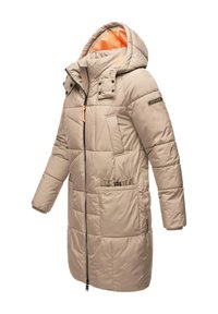 Beige, gewatteerde parka met een rits aan de voorkant, afneembare capuchon en oranje voering. Heeft twee zijzakken en een klein logo op de mouw.