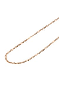 Rose gold kædedesign med sammenkoblede led og blomsterdetaljer, der har en glat, poleret overflade og en slank, forlænget form.
