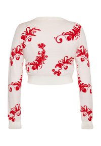 Maglione bianco corto con motivo floreale rosso. Collo e polsini a coste. Texture morbida, maniche lunghe e motivi a spirale prominenti.