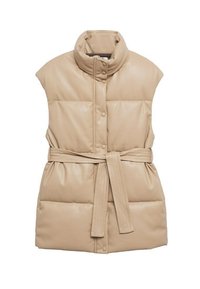 Beige sleeveless puffer vest in faux leather, featuring a high collar, snap buttons, and a matching fabric belt at the waist.