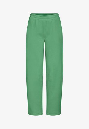 Zöld pamut keverék anyagból készült sportnadrág, elasztikus derékpánttal, oldalsó zsebekkel és laza szabású dizájnnal.