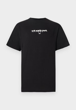 Black short-sleeve T-shirt with small white "The North Face" logo printed on the chest.