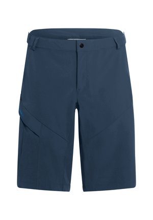 Pantaloncini maschili blu navy lunghezza al ginocchio con passanti per cintura, chiusura con bottone e una tasca laterale sulla gamba sinistra.
